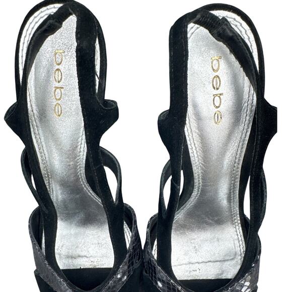 Bebe 90s Black Snake Suede Slingback Platform Stiletto Peep Toe Shoe Women 10B - Picture 6 of 8